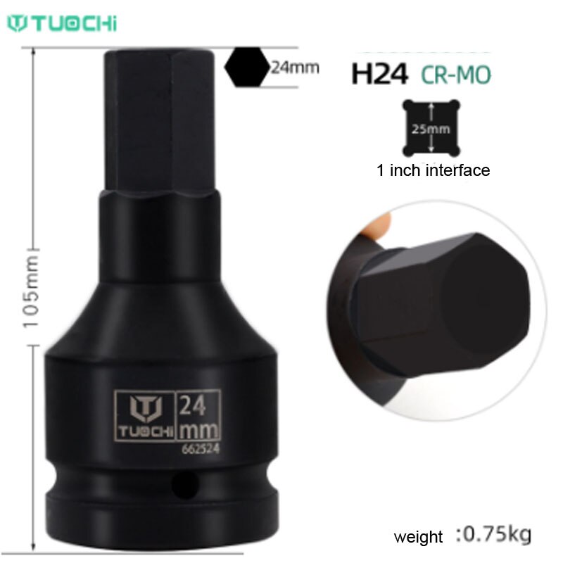 1PCS 1 inch Drive Impact Bit Socket CR-MO Heavy Hex Socket Bit Adapter 105mm Lenght Allen Key Wrench Head Pneumatic Socket Set: H24