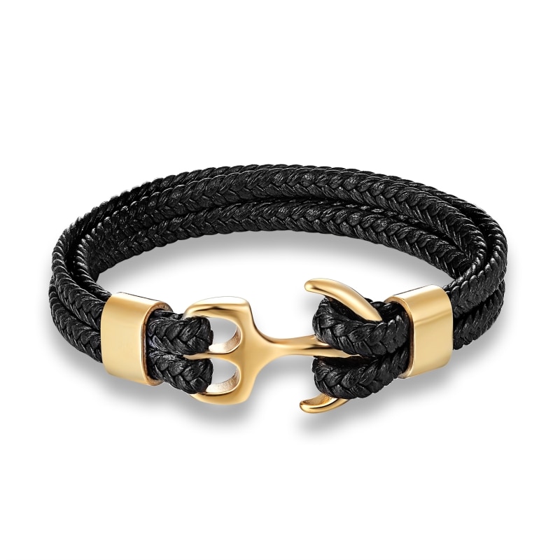 Charm Multilayer Men Leather Bracelet Black Gold Black Stainless Steel Survival Rope Anchor Bracelets for Men Male Jewelry