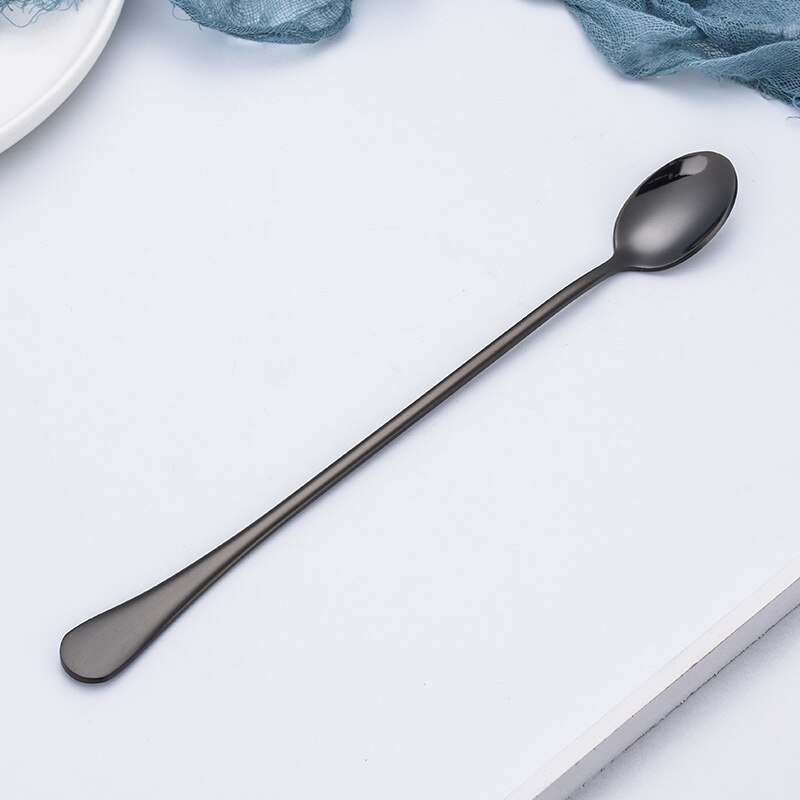 9-Inch Long Handle Iced Tea Spoon, Coffee Spoon, Ice Cream Spoon, Stainless Steel Cocktail Stirring Spoons: Black