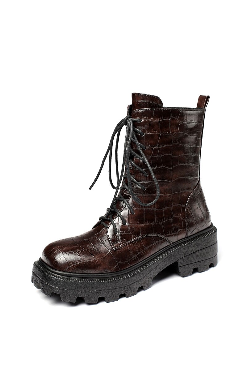Morazora ankelboots vinter damskor snörning tjocka klackar fyrkantig tå dam boots svart brun: Brun / 4