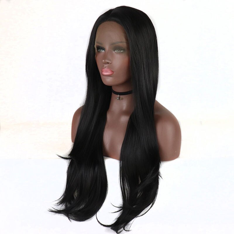 Bombshell preto natural cabelo reto peruca dianteira do laço sintético glueless resistente ao calor fibra cabelo médio de separação para perucas femininas
