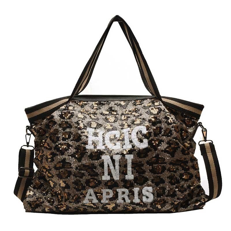 Ttou stor lomme kvinners veske skinnende paljetter tote skuldervesker til kvinnelige brev trykk høy kapasitet crossbody vesker: leopard