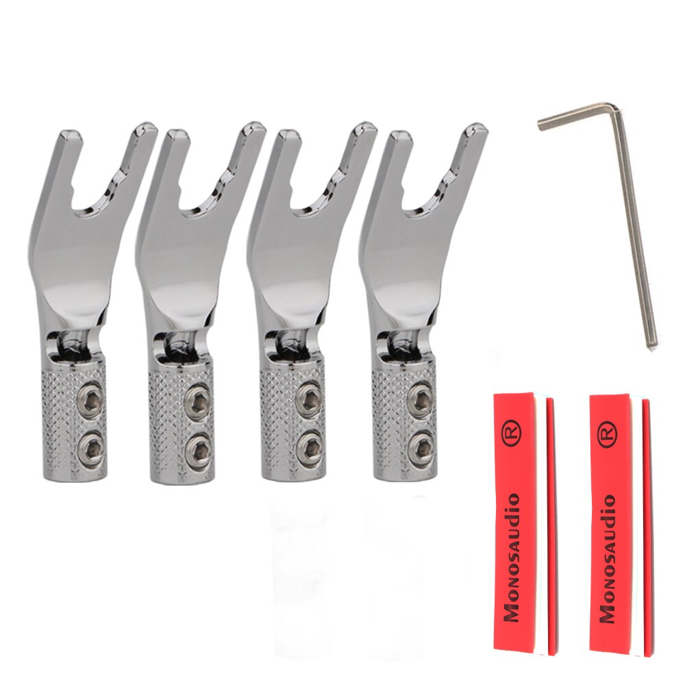 4 stykker rent kobber rhodiumbelagt y spade kobling plugg gaffel kontakter plugg høyttaler kabel høyttaler kabel jack: Rhodium belagt