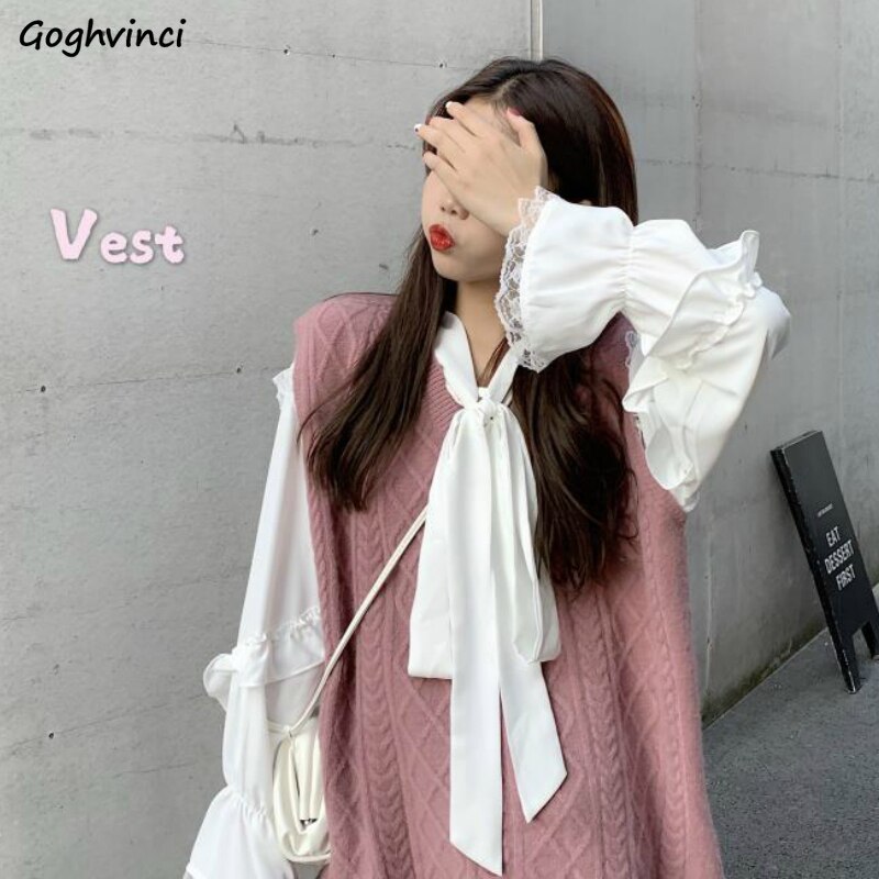 Genser vest rosa plissert svette kawaii studenter høst koreansk fritid løs kvinnelige gensere outwear preppy ins daglig