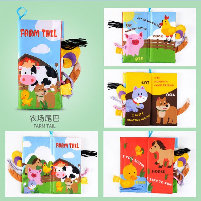 Infant 3 Style Baby Cloth Books Early Learning Educational Toys with Animals Tails Soft Cloth Development Books Rattles: Farm tail
