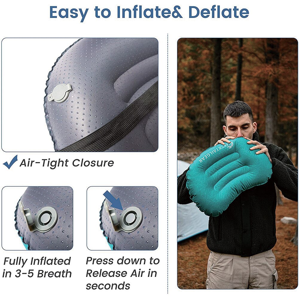 FLEXTAILGEAR Inflatable Camping Pillow With Neck Contour Ergonomic Travel Equipment With Removable Washable Separate TPU Cover For Camping Hiking Airplane Car Travel