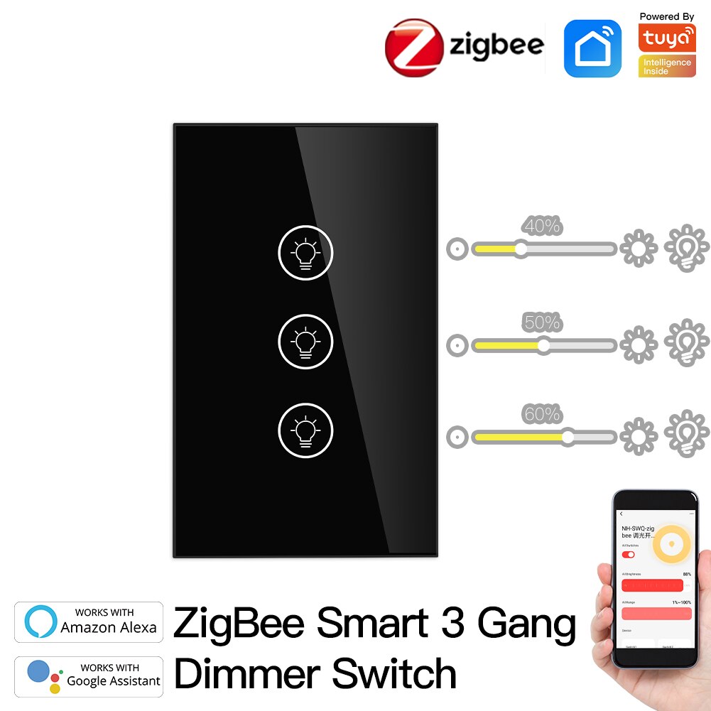 ZigBee – interrupteur variateur de lumière intelligent multi-gangs, contrôle indépendant, application Tuya, fonctionne avec Alexa Google Home, 1/2/3 gangs: US 3 Gang Black
