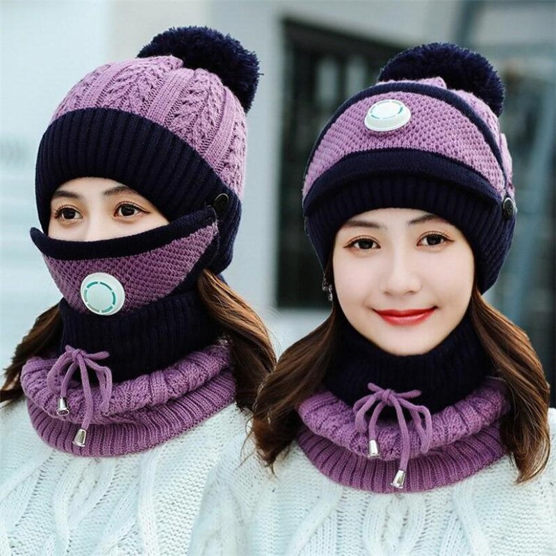 3 Pieces Set Women's Knitted Hat Scarf Caps Neck Warmer Winter Hat for Ladies Girls Skullies Beanies Warm Fleece Caps: light purple