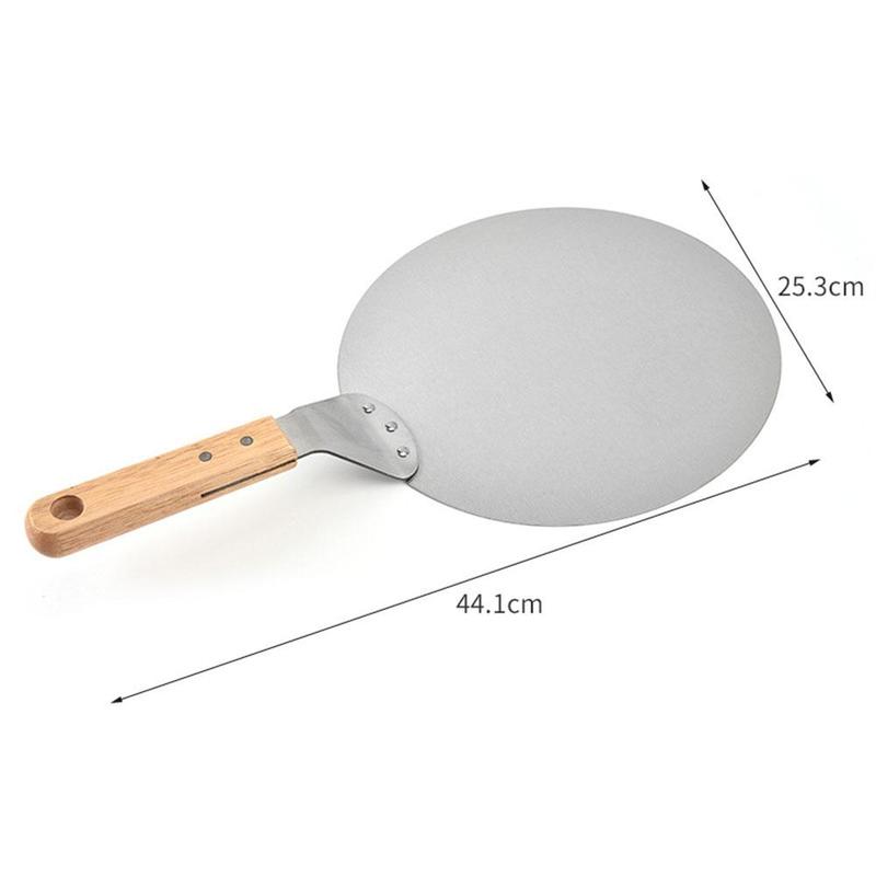 Pizza skræl skovl med træhåndtag køkken rund stål klinge pizza kage ovn rustfri bakke padle bagere transfer