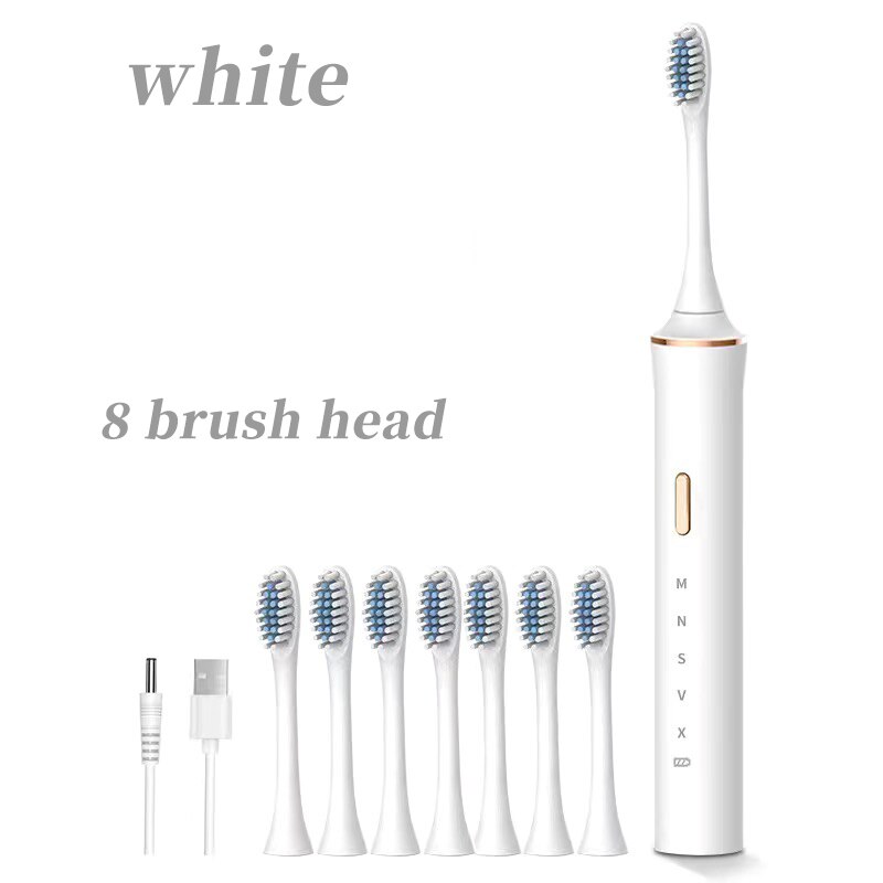 Smart electric toothbrush adult students soft hair automatic USB charging ultrasonic couples brushing comfortable and healthy: white 8Heads