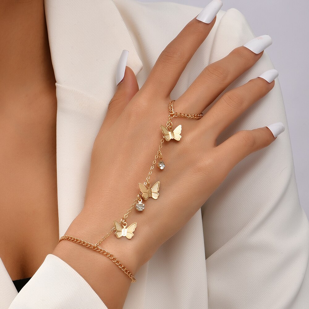 Neue Trendy Schmetterling Kette Finger Armbänder Weibliche Gold Farbe Armband Link Ring Hand Harness Schmuck Hochzeit Partei