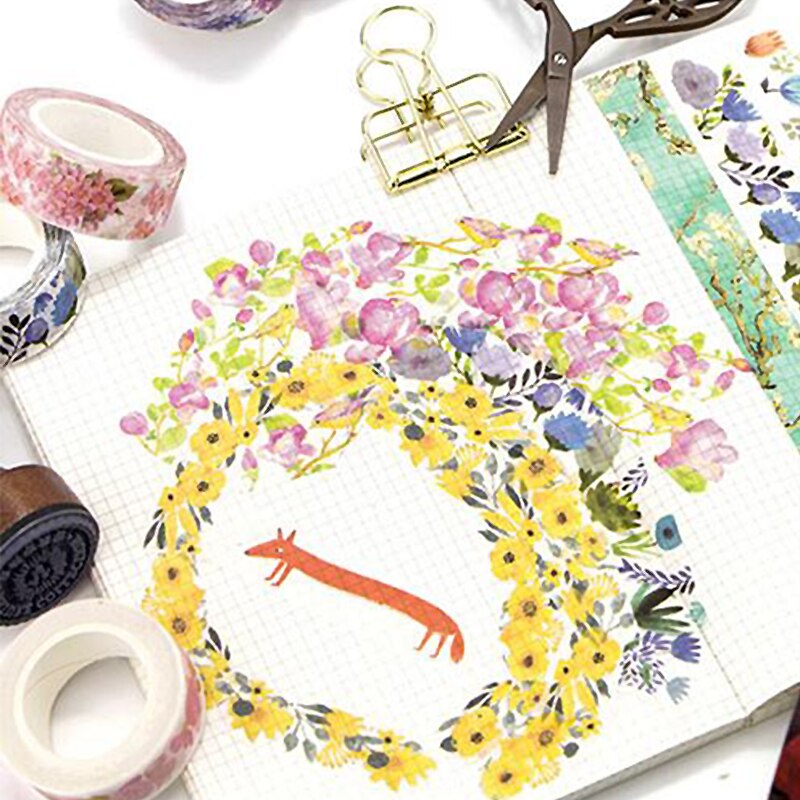 Romantic Floral Paper Washi Tape 15mm*7m Flowers Masking Tapes Decorative Stickers DIY Album Decoration