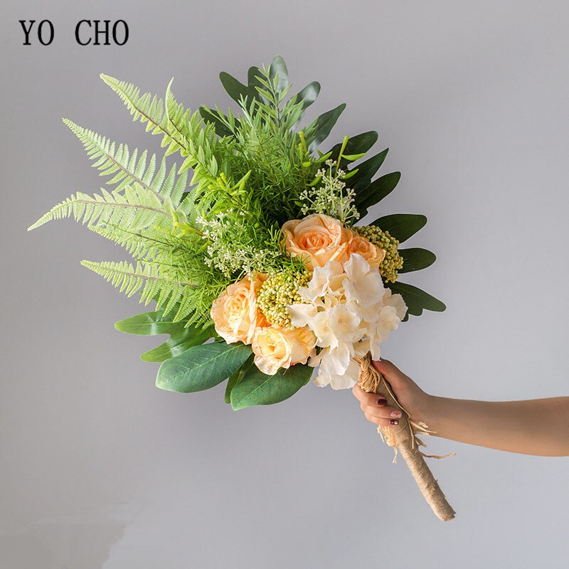 YO CHO Braut Hochzeit Strauß Fotografie Hochzeit Liefert Künstliche Seide Rose Hortensien Blume Cycas Strauß Grünen Wald Stil: champagner