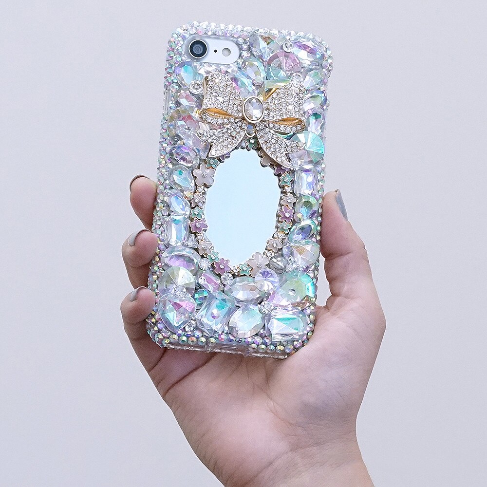 Caso espelho feminino artesanal 3d diamante strass telefone capa para o iphone 8 6s 6plus 7 8 plus x xs max 11 pro max capa