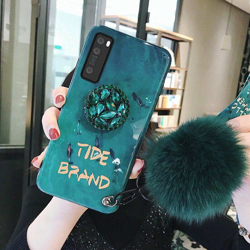 Voor Huawei Y8P Y7P Y6P Y5P Case Green Rhinestone Ring Holder Silicon Soft Case Y8P Y7P Y6P Y5P Terug cover Met Hairball: Y8P