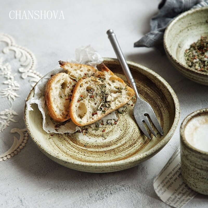 CHANSHOVA, conjunto moderno de plato redondo de cerámica grueso pintado a mano de estilo antiguo Vintage, platos, taza de té, juego de cuencos, utensilios de cocina H000