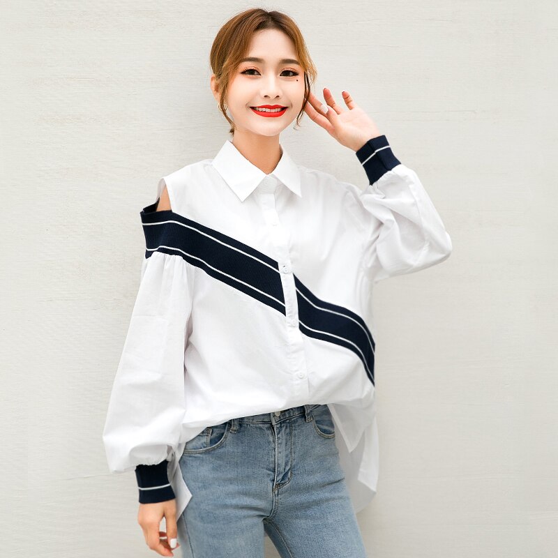 XITAO, camisa de mujer con lazo, ropa de mujer , blusa informal de estilo minoritario recta con cuello de retales y cuello vuelto de un solo pecho GCC1402: white GCC1402 / S