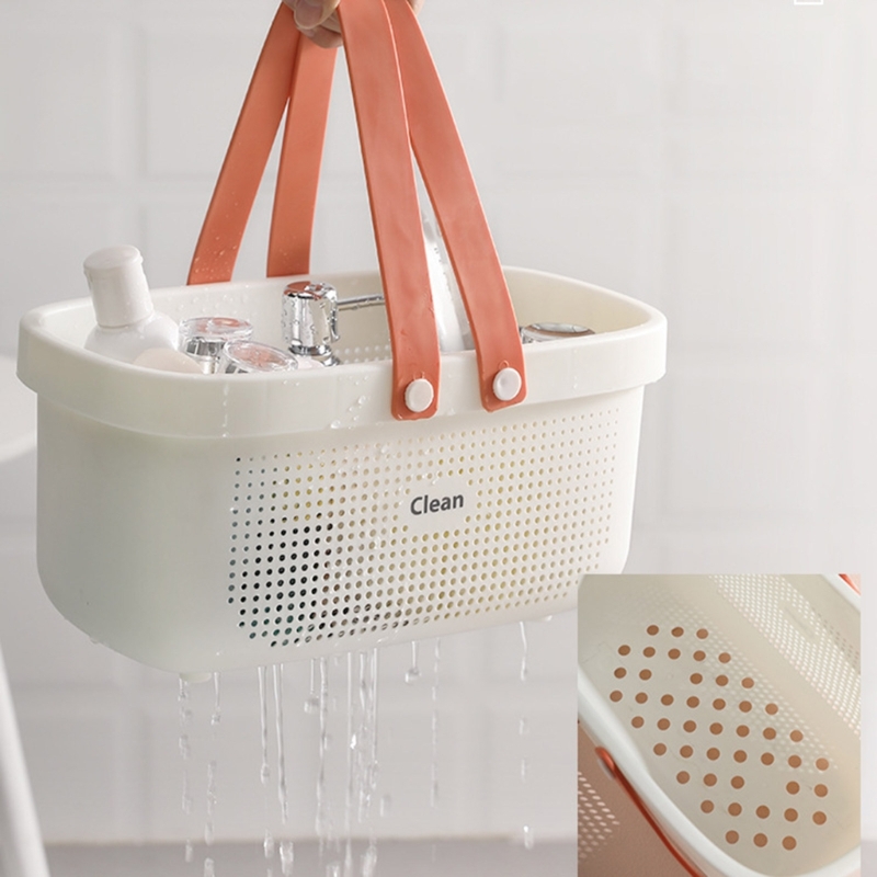 E8BD Plastic Storage Basket with Handles Shower Bins for Bathroom Kitchen Bath Drain Basket Cosmetic