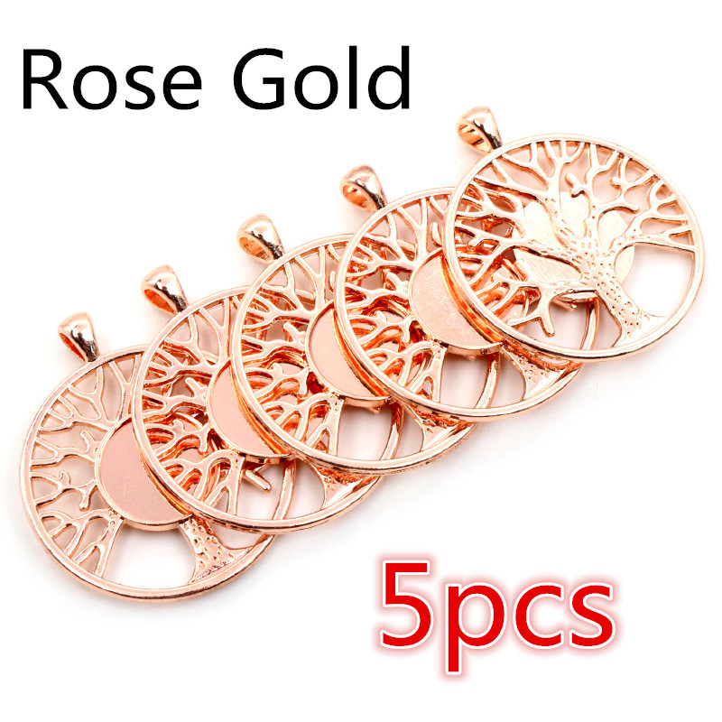 Nueva 14mm tamaño interior rodio oro negro colores plateados estilo árbol cabujón Base camafeo ajuste colgante encantos: Rose Gold 5pcs