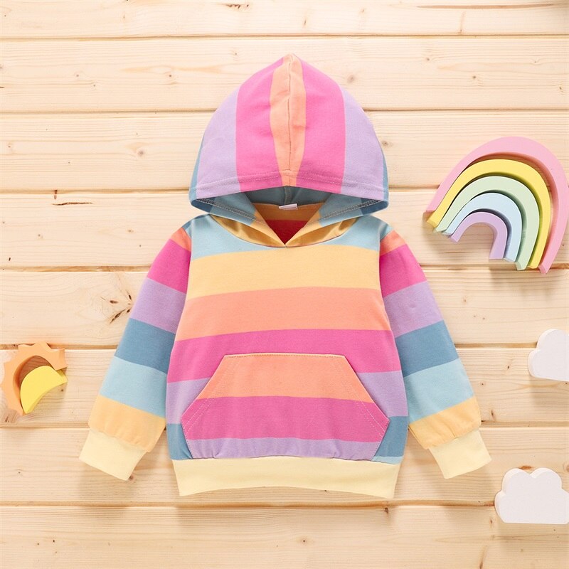 Herfst Lente Kinderen Hoodies Kinderen Meisje Jongen Regenboog Streep Hooded Lange Mouw Sweatshirt