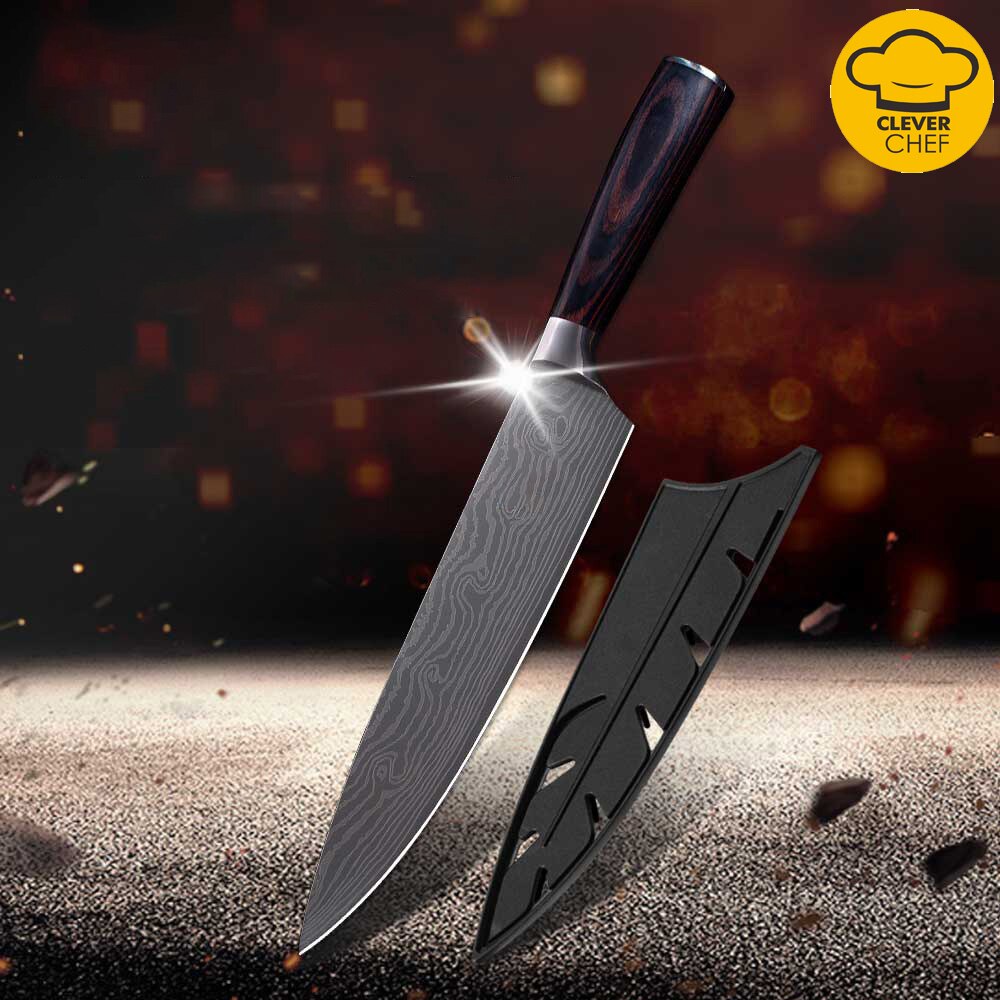 Cuchillo de cocina para Chef de acero damasco de 8 pulgadas, cuchillo de cocina con hoja afilada de acero inoxidable, cuchillos profesionales japoneses para rebanar Chef