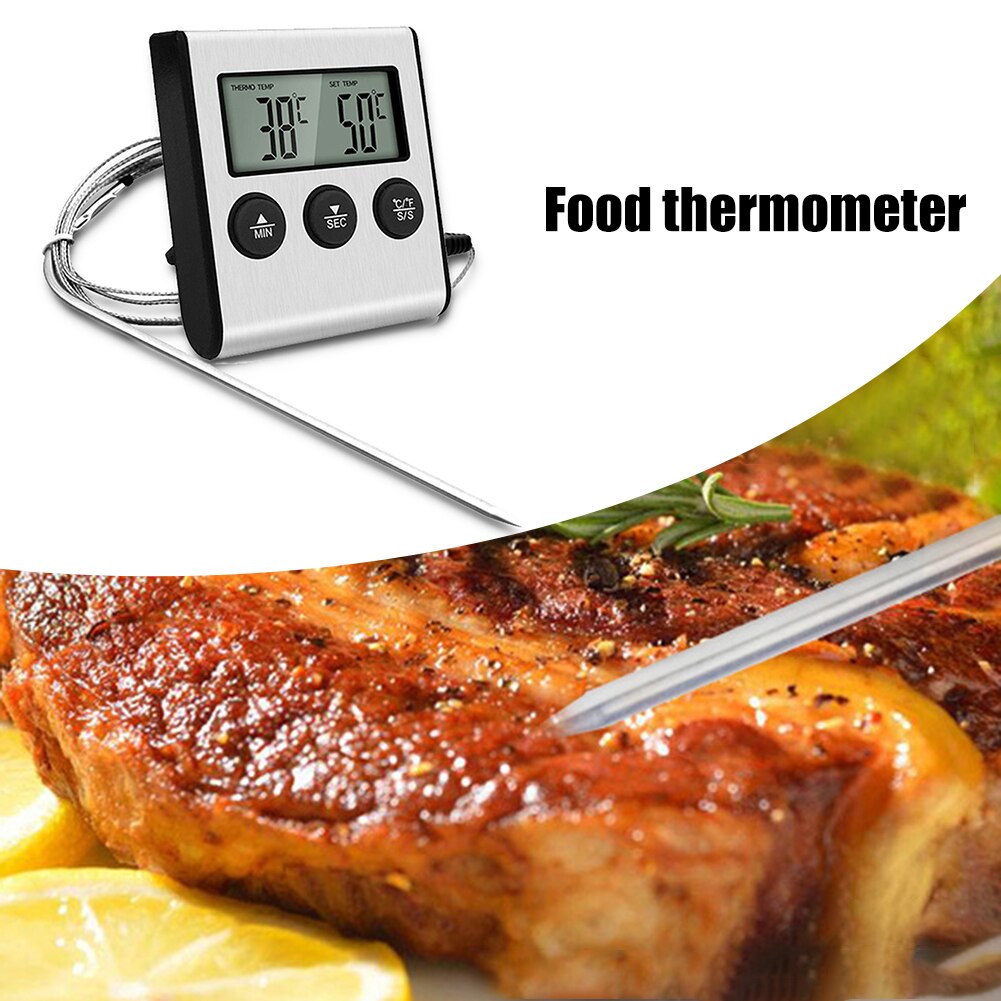 Digital Food Thermometer Kitchen With Long Probe Cook Baking Temperature Measuring Tester Barbecue Oven Grill Alarm Timer Tool