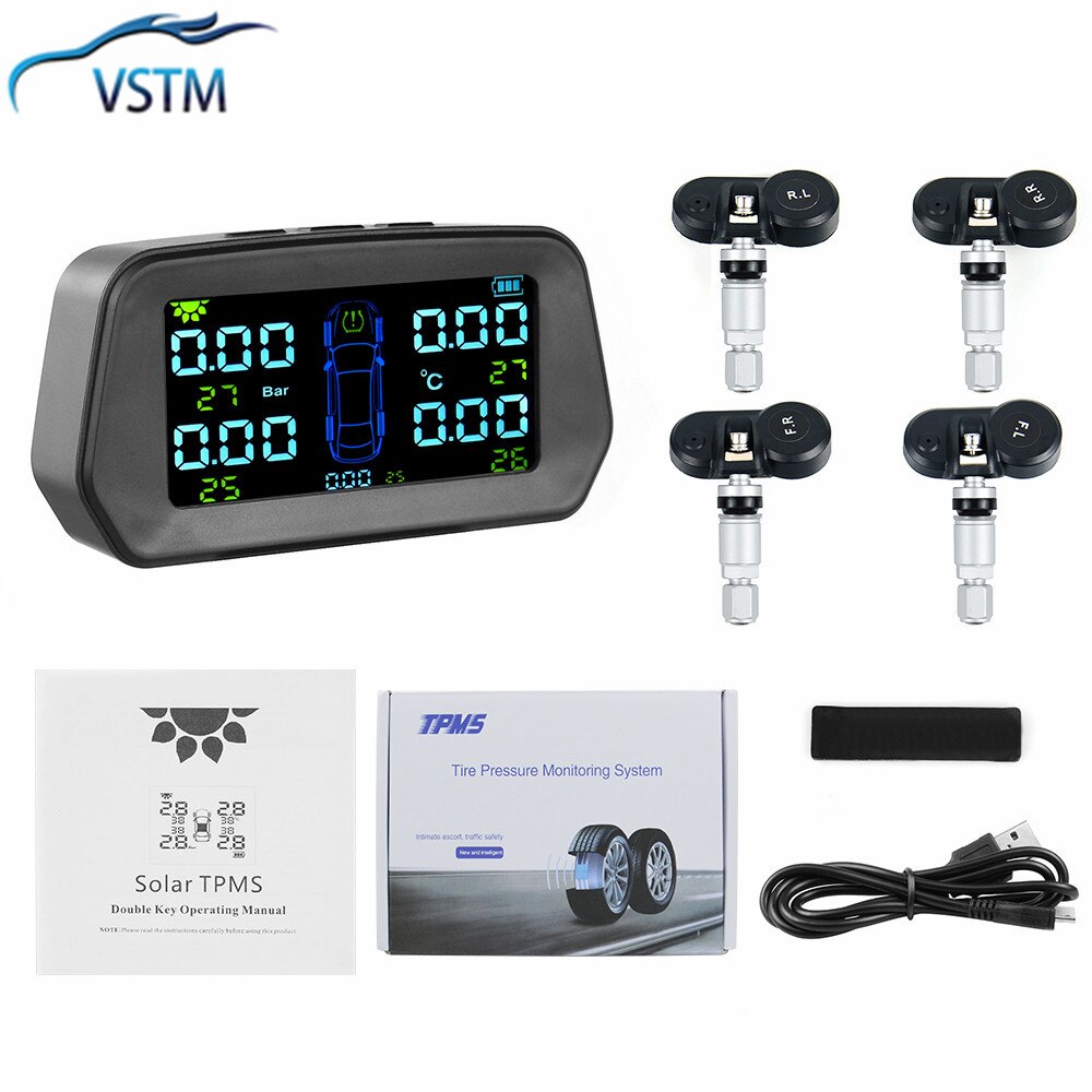 Tpms Bandenspanning Alarm Monitor Solar Power Tyre Pressure Monitoring System Met 4 Externe Sensoren Auto Alarm Security