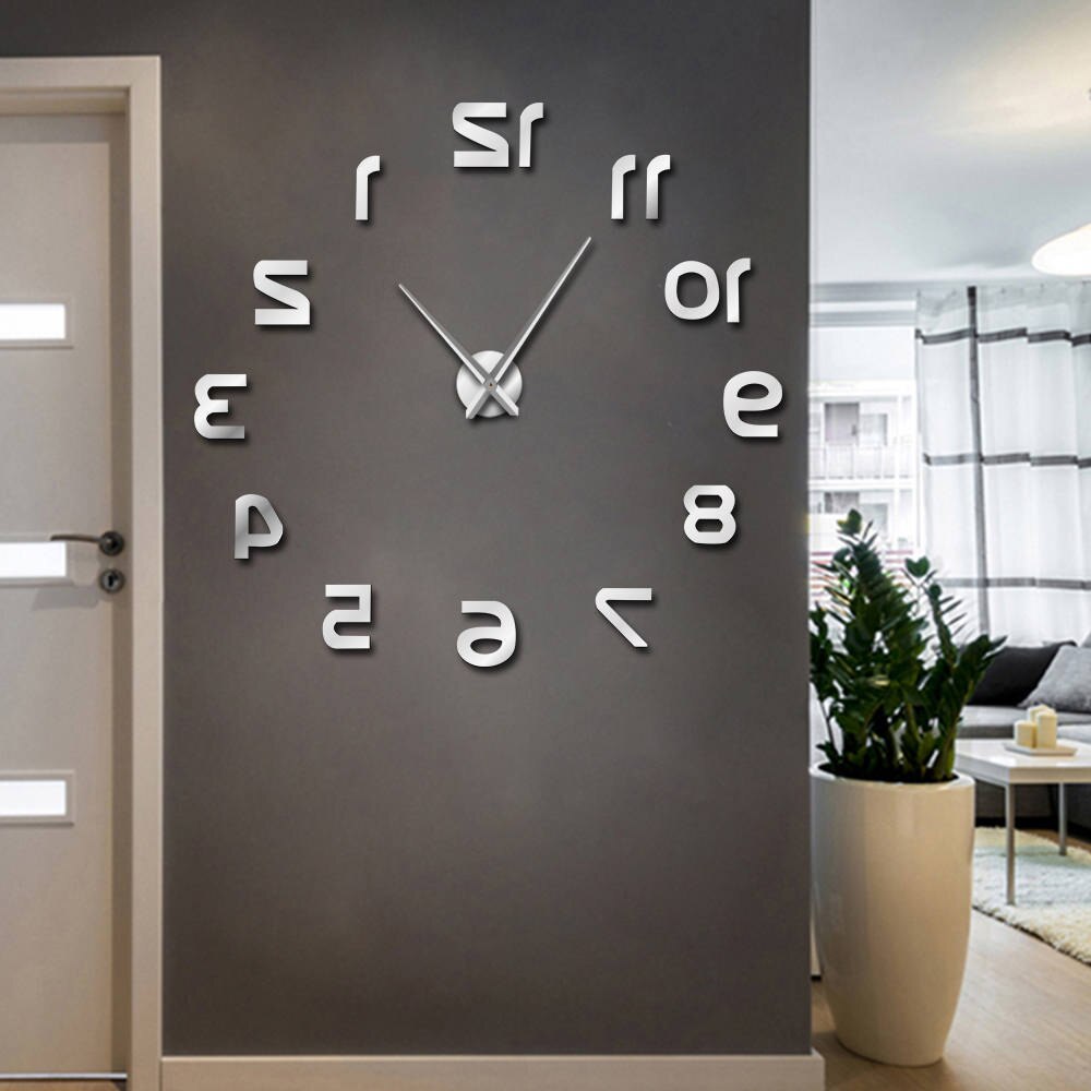 Achterwaarts 3D DIY Grote Wandklok Moderne Reverse Nummers Frameloze Tijd Horloge Luxe Spiegel Effect Grote Naald Omgekeerde Klok