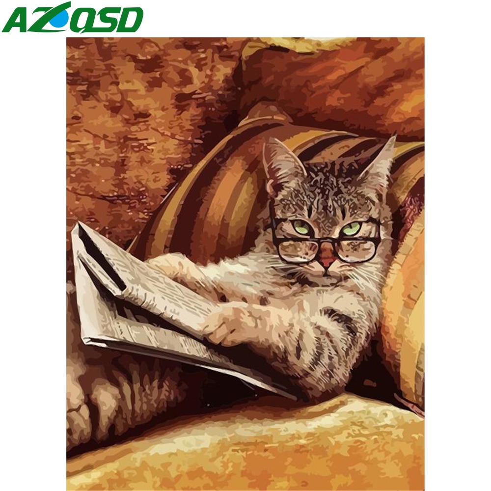 Azqsd katt rita efter nummer på duk handmålade gör-det-själv-bilder oljemålning efter siffror djurolja målning heminredning