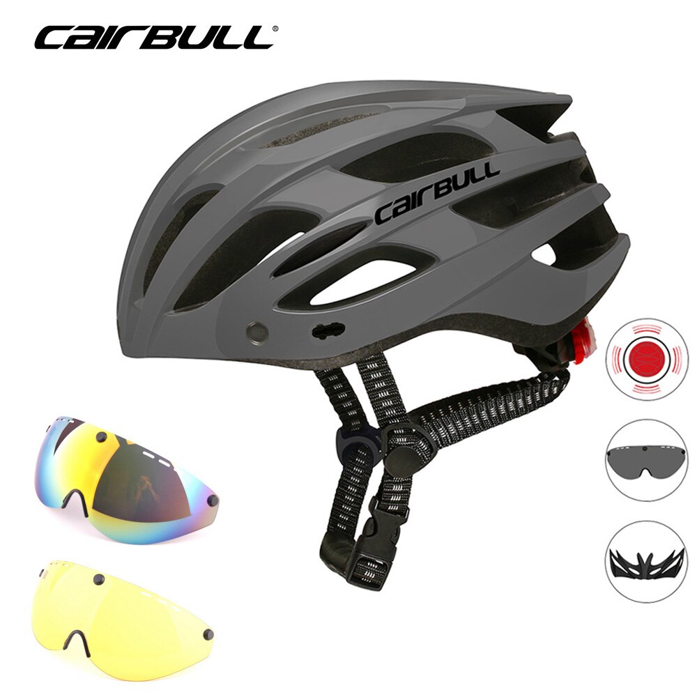 Cairbull-casco de ciclismo con 3 lentes, luz LED trasera con visera extraíble, gafas de seguridad Casco de Bicicleta de carretera, moldeados integralmente, cascos de MTB: gray 3 lens