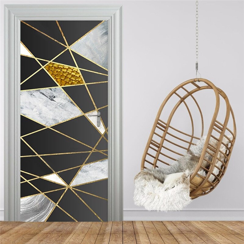 PVC Door Sticker Modern Golden Line Geometric Marble Pattern Wall Decor Living Room Kitchen Self-Adhesive Waterproof Wallsticker