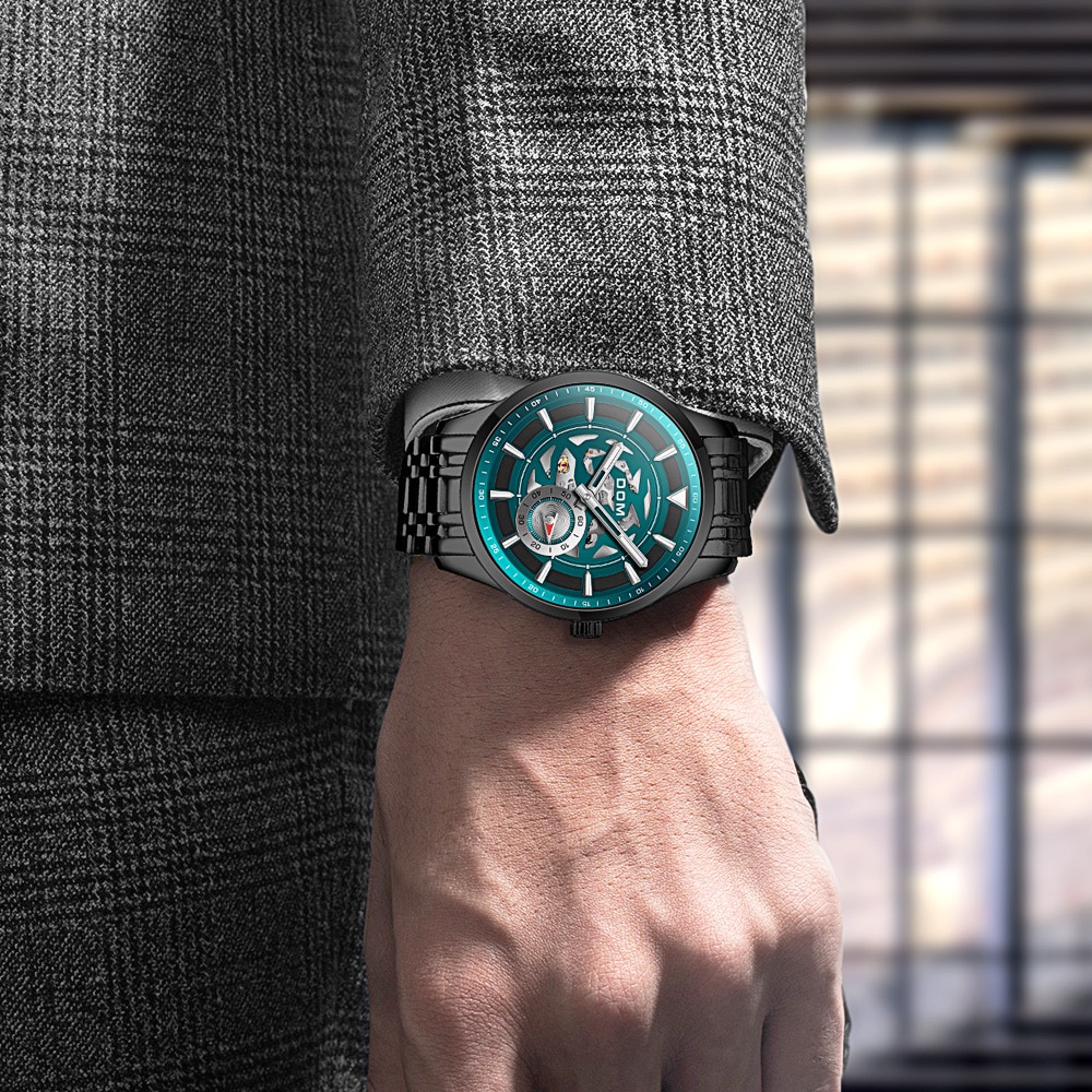 Dom luksus mekanisk armbåndsur herre sportsure relogio masculino rustfrit stål bånd blåt ur han vandtæt m -1308