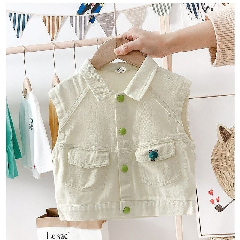 Meisjes Denim Vest Jassen Mouwloze Buttom Lente Kids Kleding Pocket Cartoon Printing Jassen Vest Kinderen Kleding