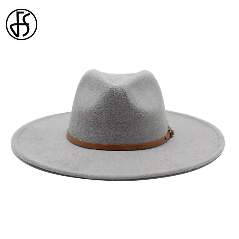 Fs stor imiteret uld fedora hat kvinder mænd filthuer med metal kæde dekor hvid panama trilby cowboy jazz cap chapeau sombrero: Grå