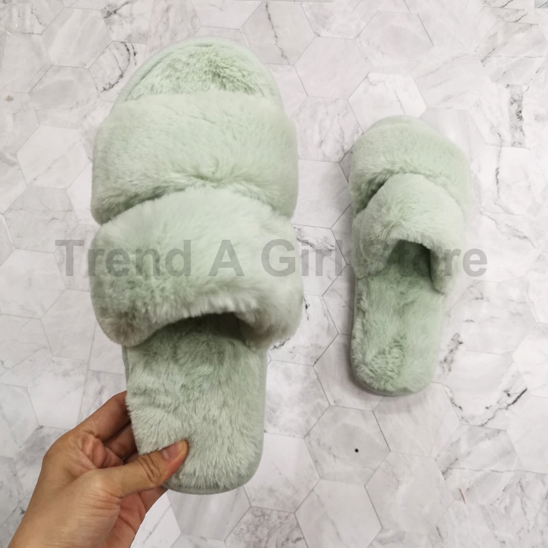 Femmes moelleux hiver pantoufles solide croix en peluche bout ouvert diapositives doux plat femme chaussures fausse fourrure pantoufle maison chaussures