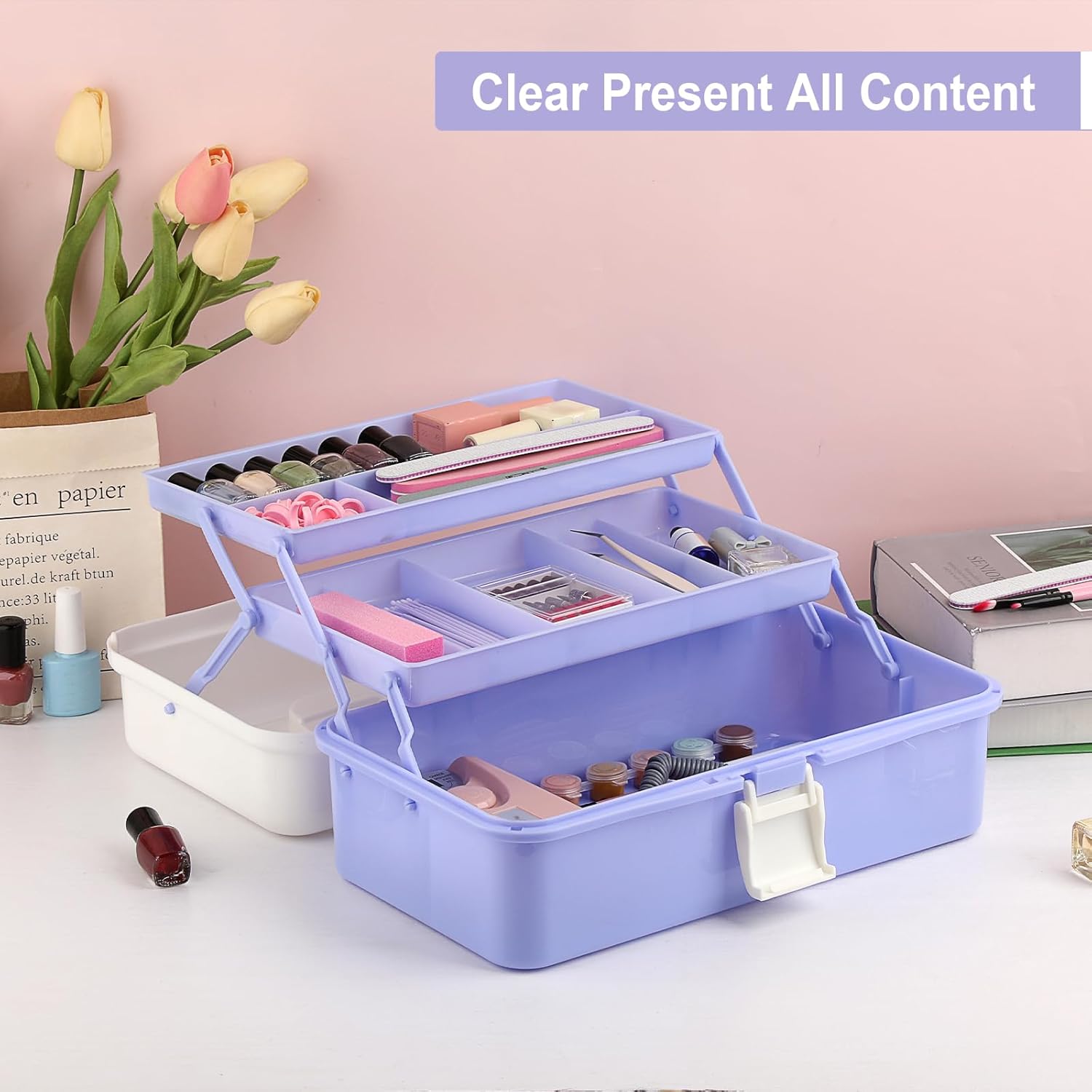 Three-layer plastic storage box 12.4-inch multifunctional craft storage box with dividers and handles, foldable
