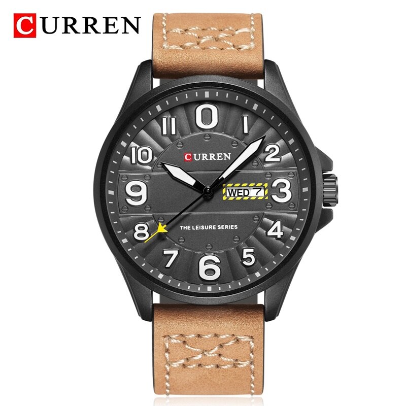 CURREN-reloj analógico con correa de cuero para hombre, accesorio de pulsera de cuarzo resistente al agua con cronógrafo, complemento masculino deportivo de de lujo con moderno: Khaki Black