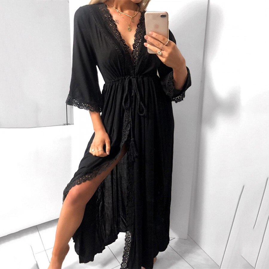 Lång dräkt dam strand kofta klänning mjuk sexig ihålig spets knyta midja slim fit casual lös sommarklänning maxi kvinnlig