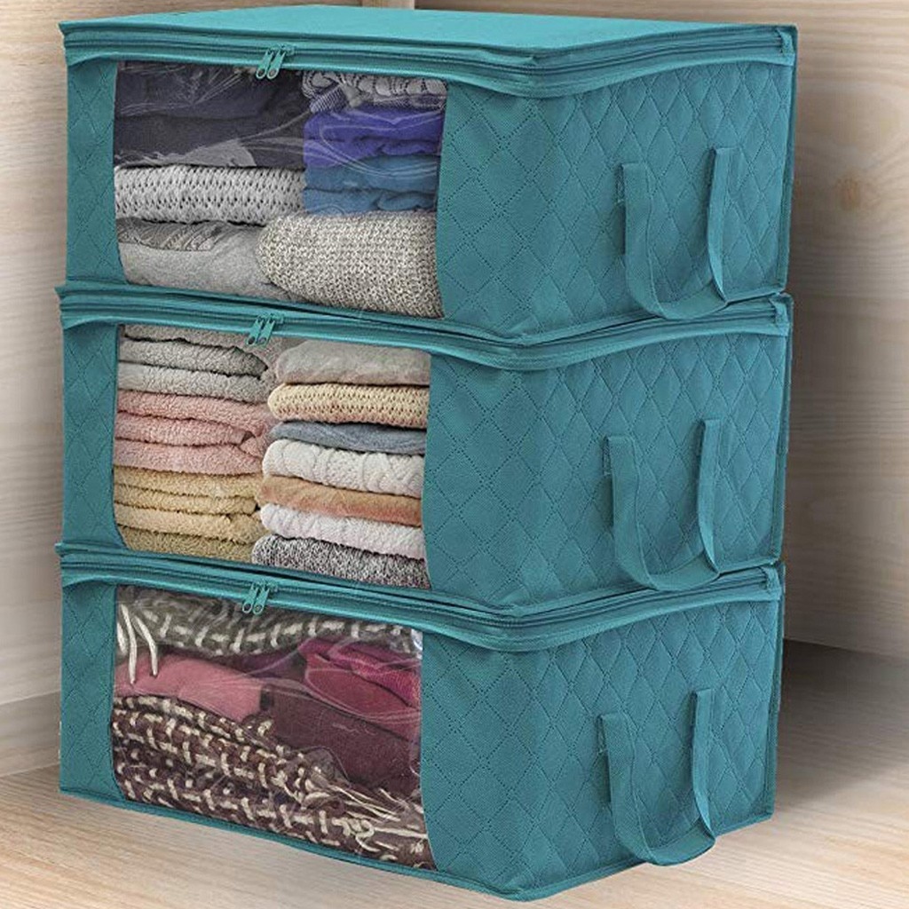 3pcs Clothing Wardrobe Organizer Bag Clothes Blanket Quilt Closet Box Bag Home Foldable Storage Organization Wash Moisture-proof: Blue 