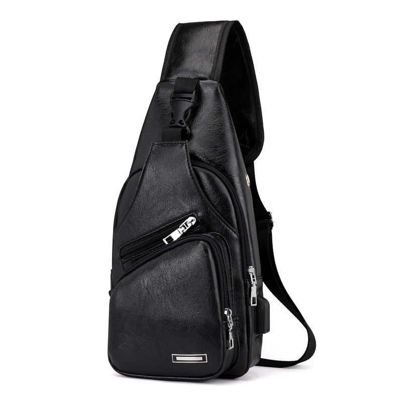 Men's Polyester Small Strap Chest Pack Messenger Bag USB Charging Pockets Sports Travel Bags: Black