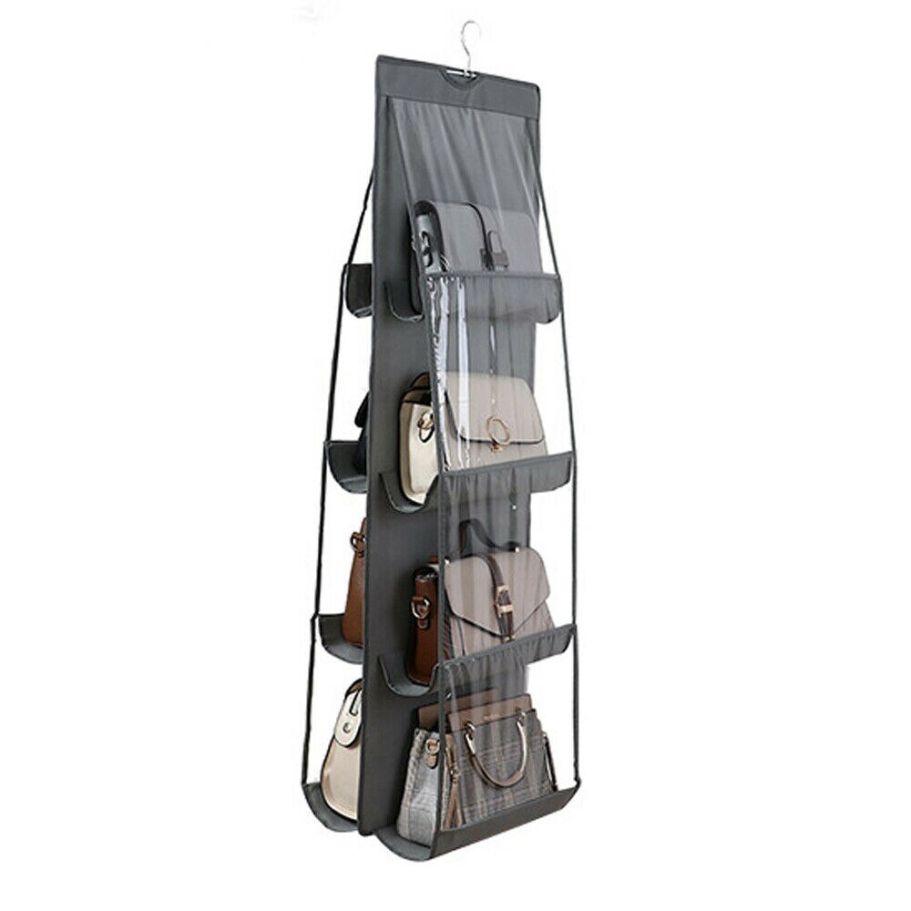 8 Pockets Shelf Bag Hanging Handbag Organizer Storage Holder Wardrobe Closets UK: Gray / 6 Pockets