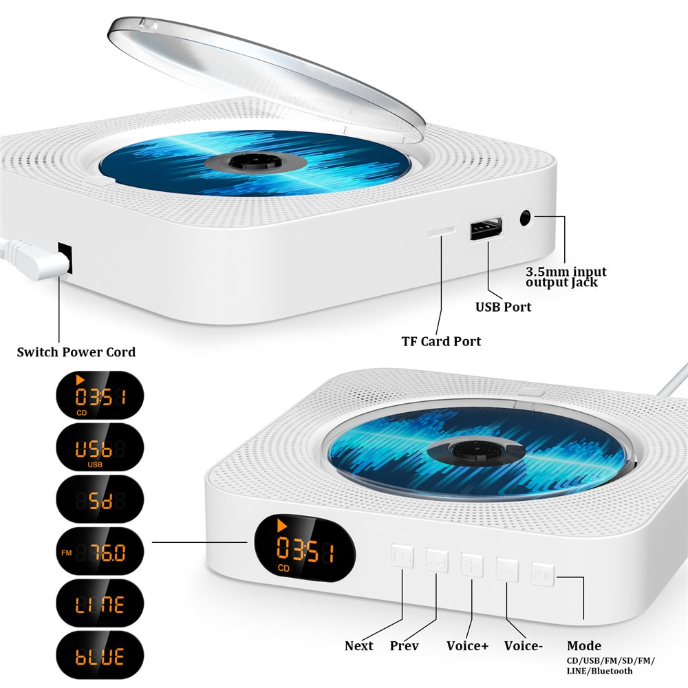 Wall Mounted CD Player With Bluetooth Remote Control Home Stereo FM Radio HiFi Sound Music Built-in Speaker Discman Lecteur CD
