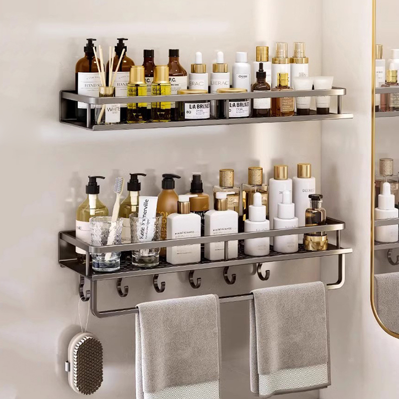 Estante de baño con barra de toalla montado en la pared, estante de ducha de aluminio gris, soporte de champú de baño negro, soporte de cesta, estante de esquina