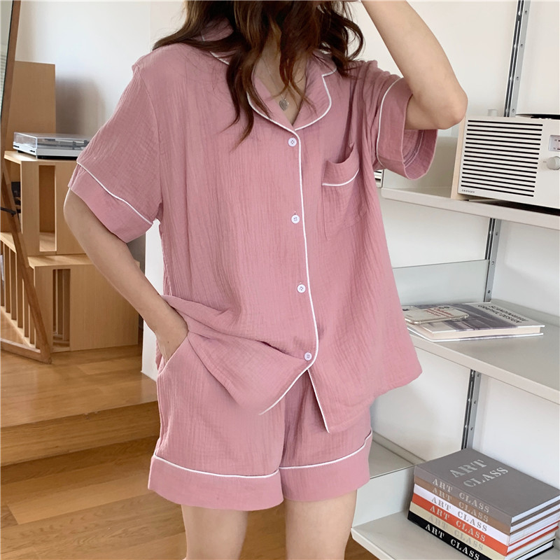 Pyjama coréen chic de couleur pure pour femmes, vêtements de maison d&#39;été en gaze de coton, ensemble de 2 pièces à manches courtes, vêtements de nuit respirants Y900: pink