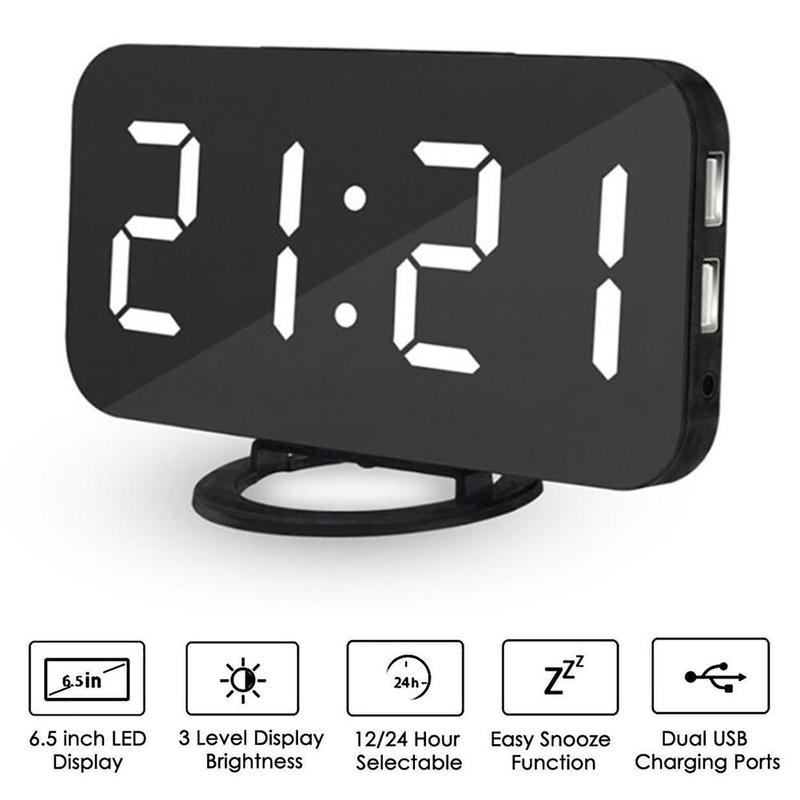 Reloj despertador Digital LED para móvil, espejo con pantalla Led nocturna, 2 puertos de carga USB para iphone, herramienta de teléfono Android, 1 unidad