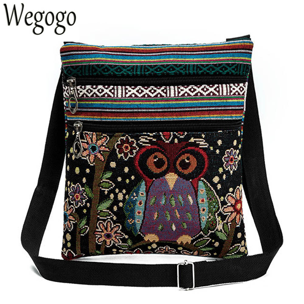 Vintage Frauen Kleine Taschen Cartoon Eule Druck Schulter Messenger Taschen Leinwand Nationalen Doppel-reißverschluss Mini Flap Bag Frau
