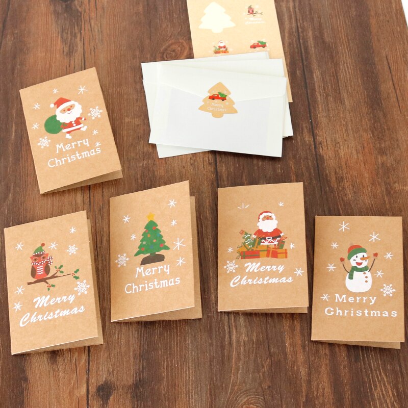 6Sets Kerst Kraft Card Nieuwjaar Xmas Party Uitnodiging Wenskaart Met Envelop Sticker Creatieve Diy Bericht Postcard