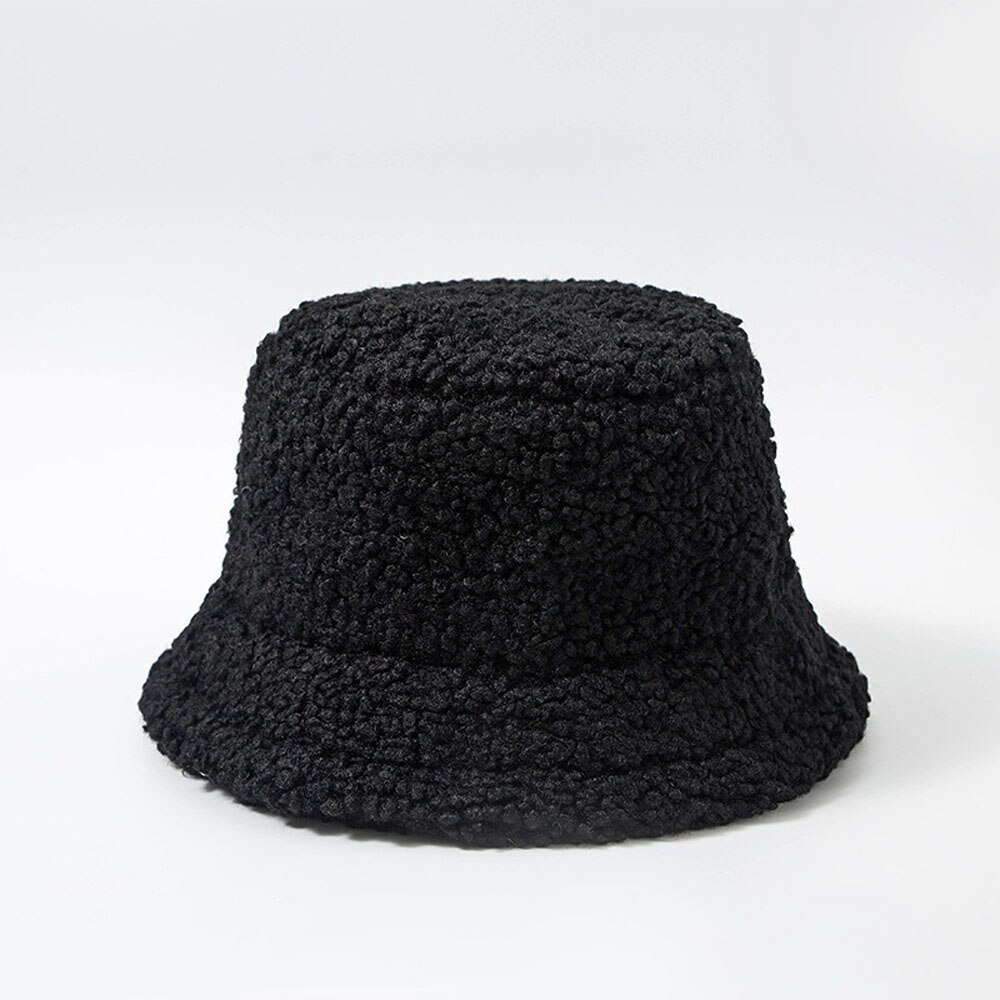 2022 Unisex Bucket Hat Graffiti Solid Women Men Fishing Fisherman Hat Autumn Winter Lamb Wool Outdoor Warm Panama Cap: Black