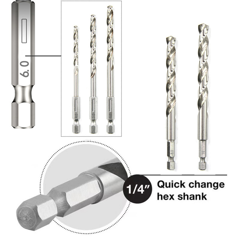 Broca helicoidal de acero de alta velocidad HSS, vástago hexagonal de 1/4, mango Hexagonal de repuesto, herramienta eléctrica de acero de 3/4/5/6/8/10mm, 5 uds.