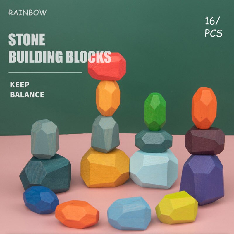 Di Legno colorato Pietre Giocattoli di Legno Blocchi di Costruzione Blocchi di Bilanciamento Impilabile Gioco Arcobaleno di Pietra Colorata Educativi Giocattoli Di Puzzle: 16pcs B set opp